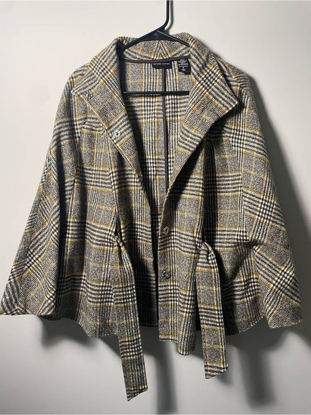 NY and Company Womens small Plaid Belted Wool-Blend Cape jacket - Yellow/Gray